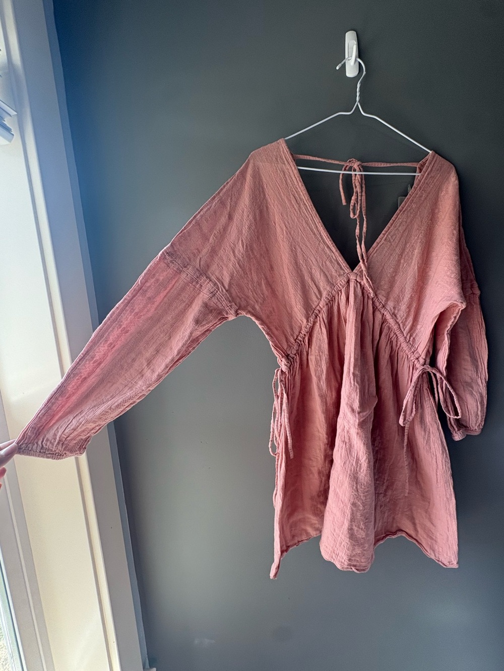 ASOS Dusty Rose Boho Mini Dress Size US6/UK10 US Long Sleeve Deep V Tie Back - Picture 4 of 7